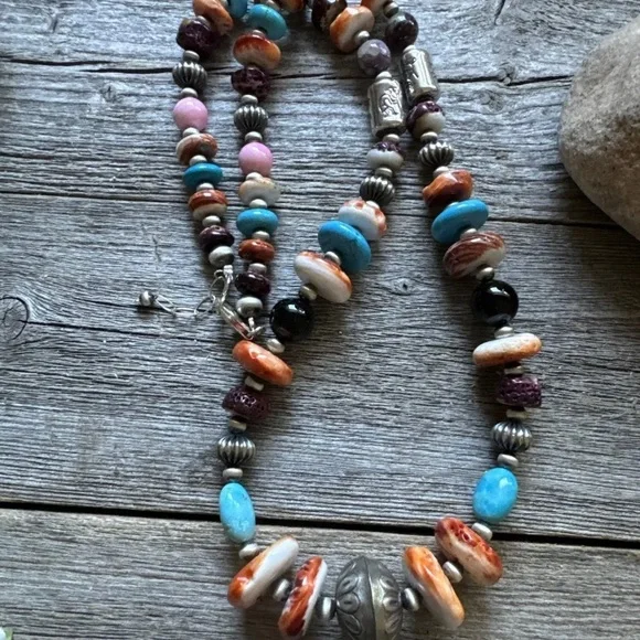 Southwestern 925 Sterling Silver Multi Gem Stone W Pearls Bead Necklace. 26 inch